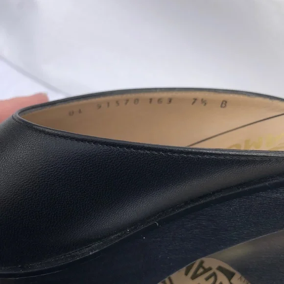 Ferragamo Wood & Leather Platform Peep Toe Slide/Mule w/3” Heel, Black - Picture 9 of 16